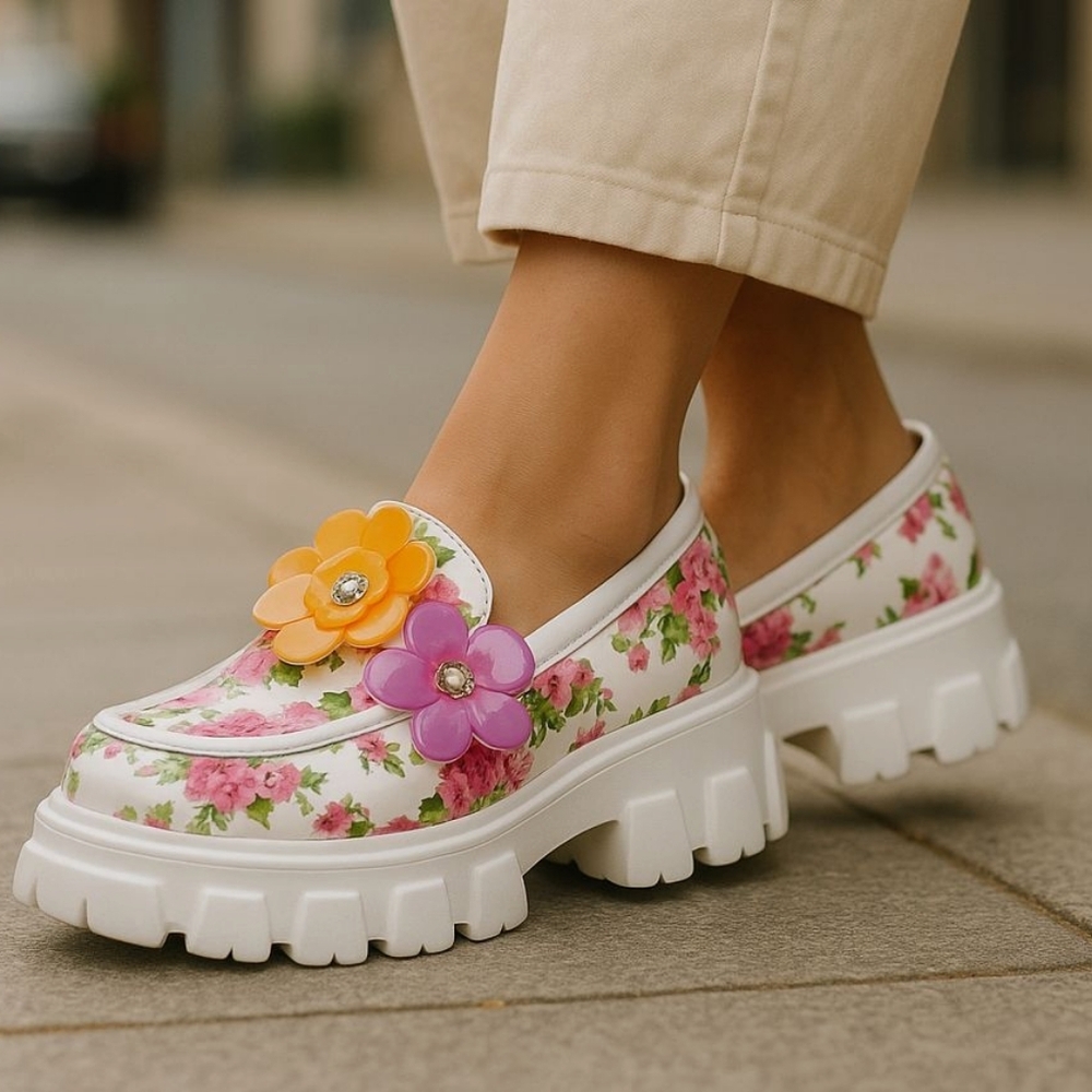 Betsey Johnson White Floral Platform Clogs with Pink and Yellow Flower Accents